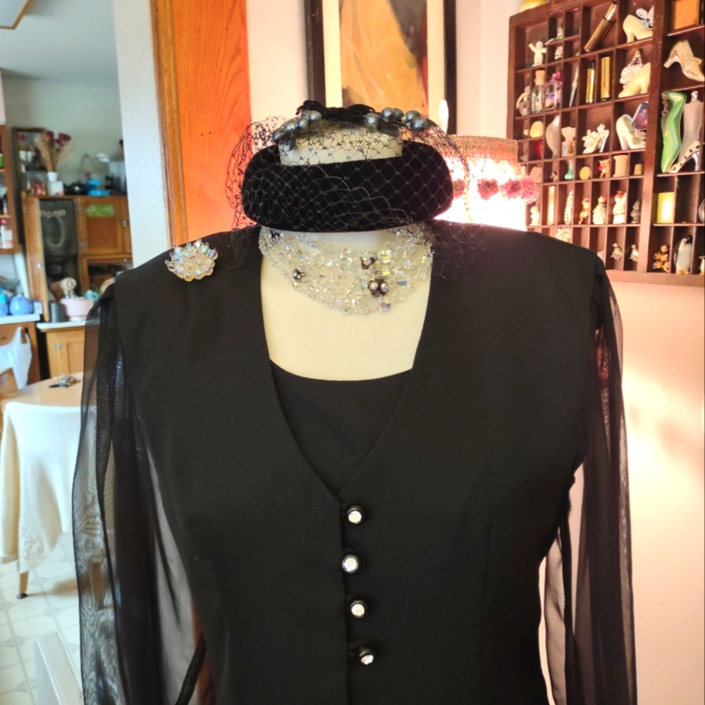 Elegant  Black Sheer Sleeve Coverlet With Sleeveless Dress with Crystal Accents.